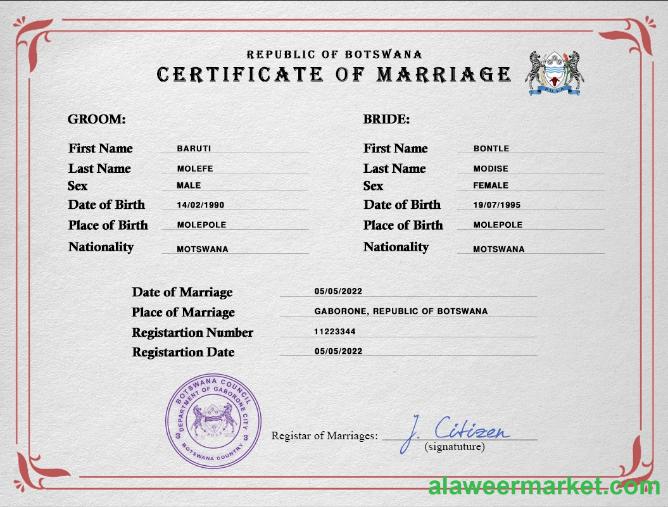 Botswana marriage certificate PSD template